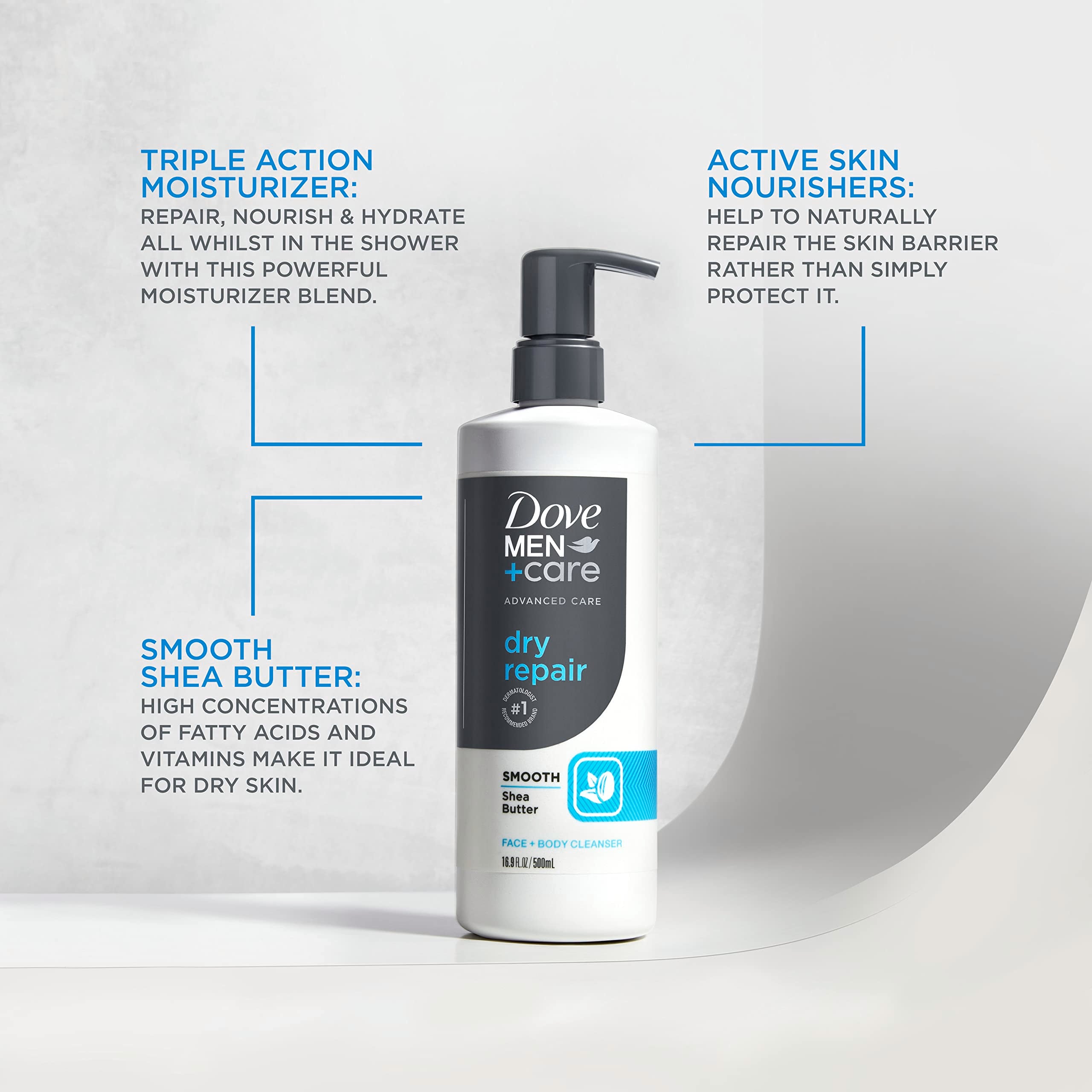 Dove Men+Care barrier repair action supports skin during showers.