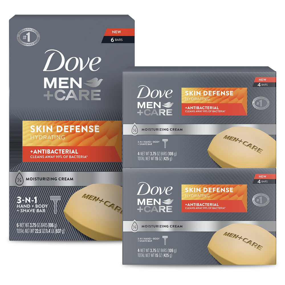Dove Men+Care Skin Defense bar pack shot highlighting value and convenience