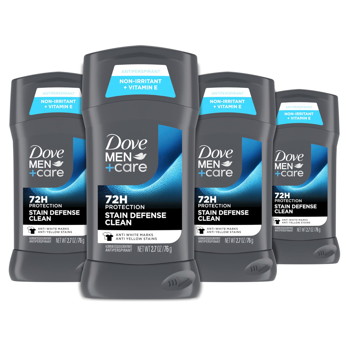 Dove Men+Care stain defense clean stick front—all-day protection and fresh scent.
