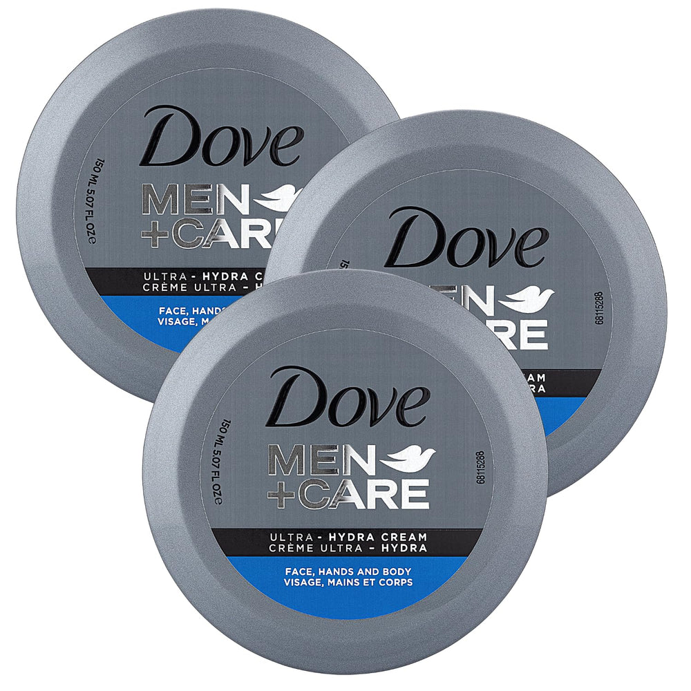 Dove Men+Care Ultra Hydra Cream jar closeup, showing quick hydration