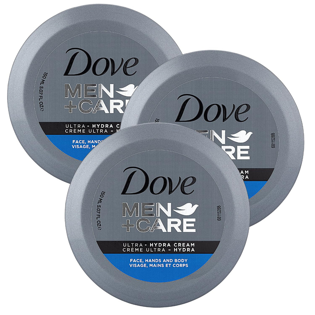 Dove Men+Care Ultra Hydra Cream jar closeup, showing quick hydration