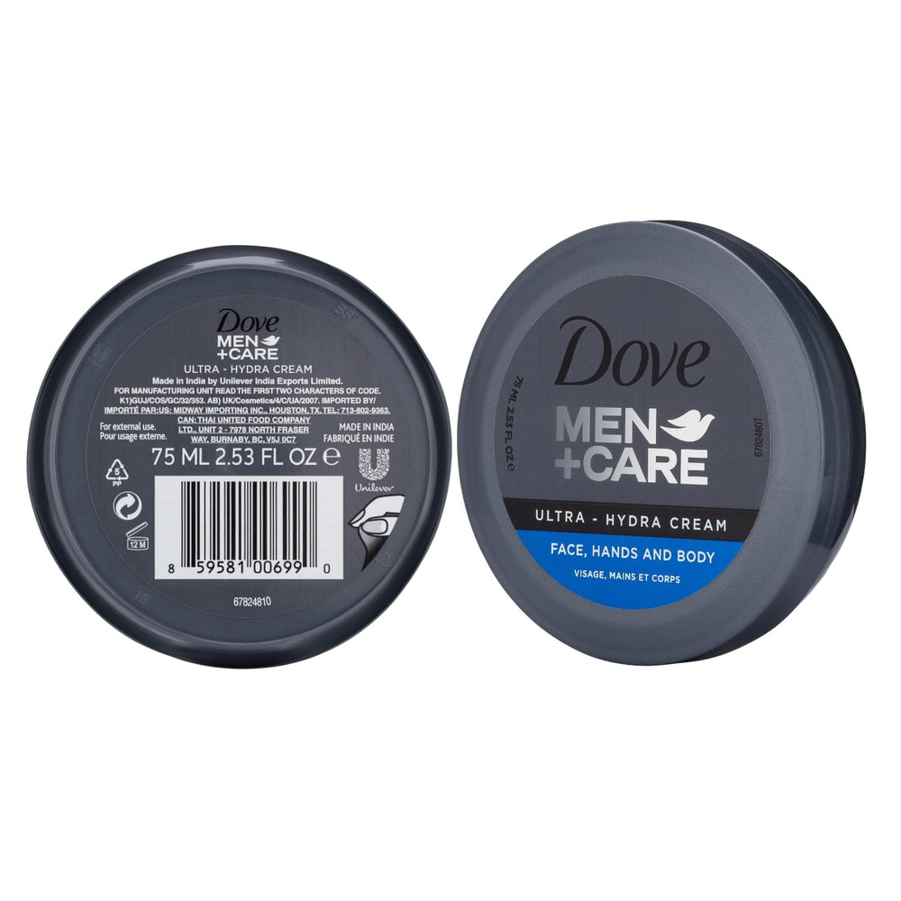 Side view of Dove Men+Care Ultra Hydra Cream Lotion highlighting fast-absorbing texture