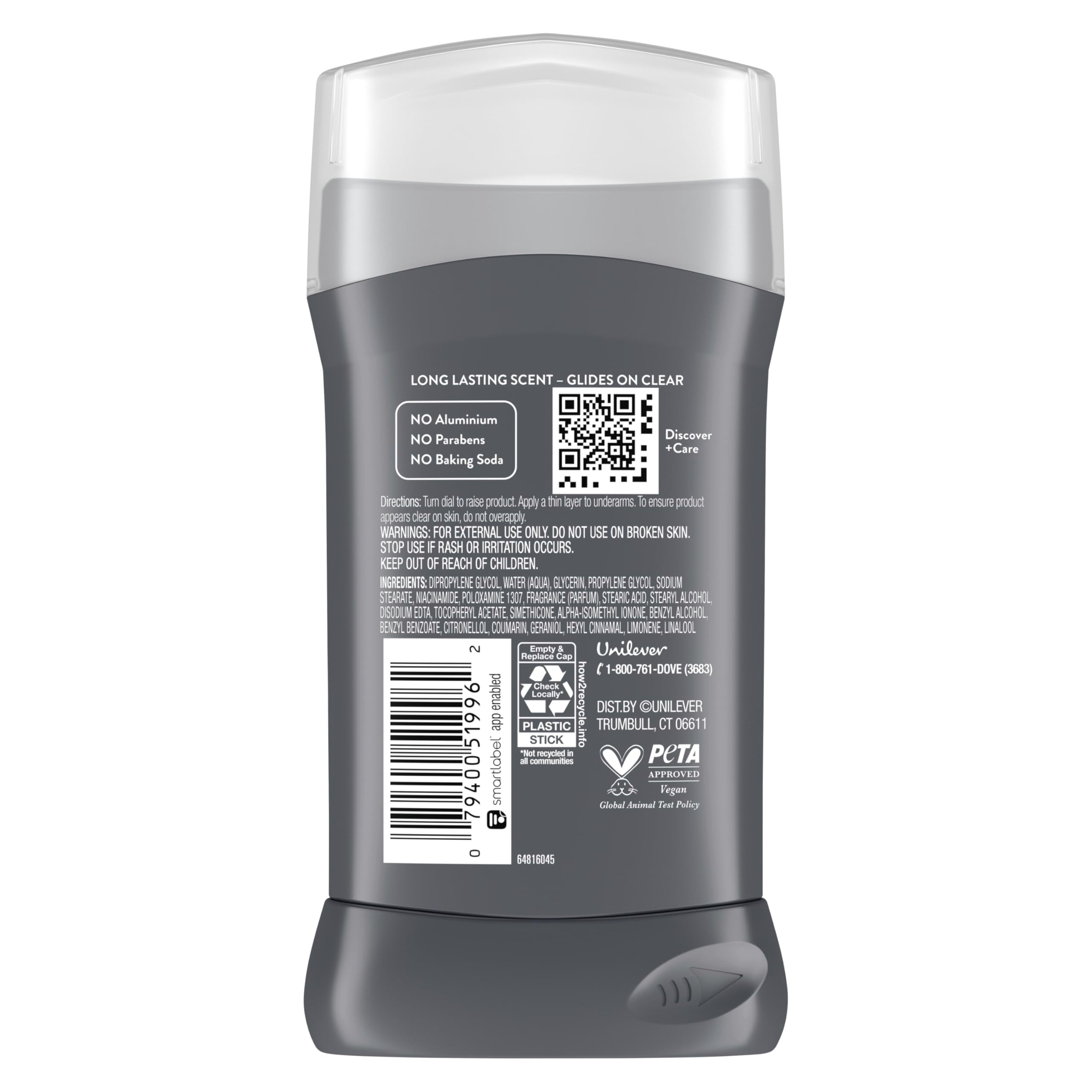 Closeup of DOVE MEN + CARE Wild Eucalyptus label showing paraben- and baking soda-free formula.
