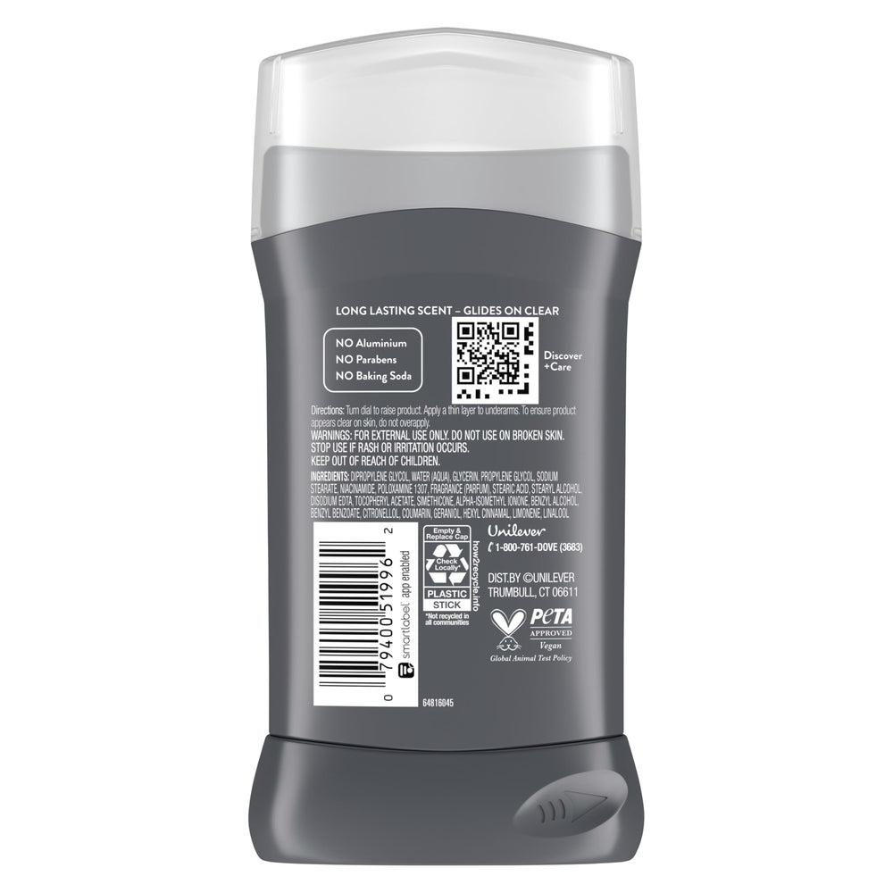 Closeup of DOVE MEN + CARE Wild Eucalyptus label showing paraben- and baking soda-free formula.