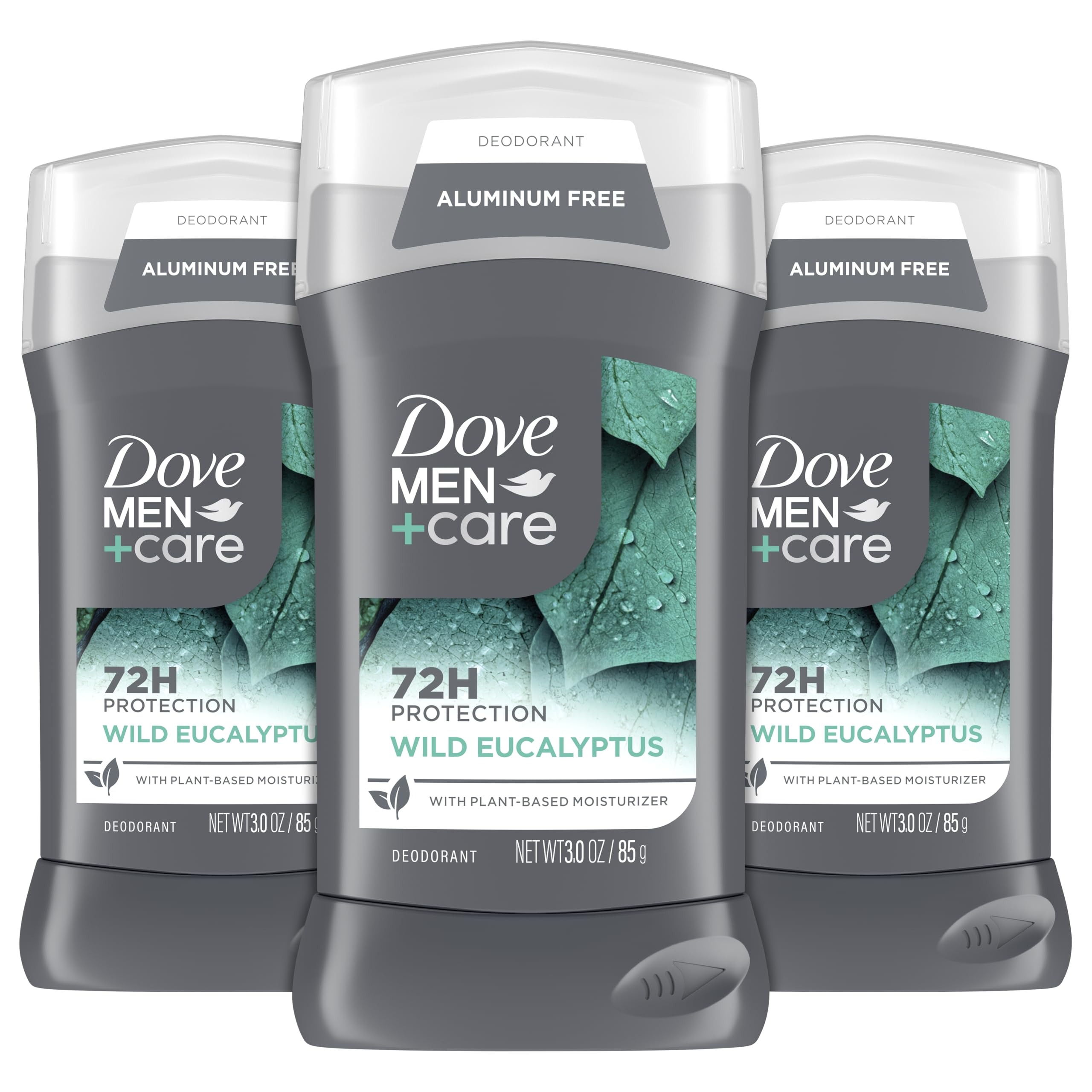 DOVE MEN + CARE Wild Eucalyptus packaging highlights aluminum-free formula for all-day freshness.