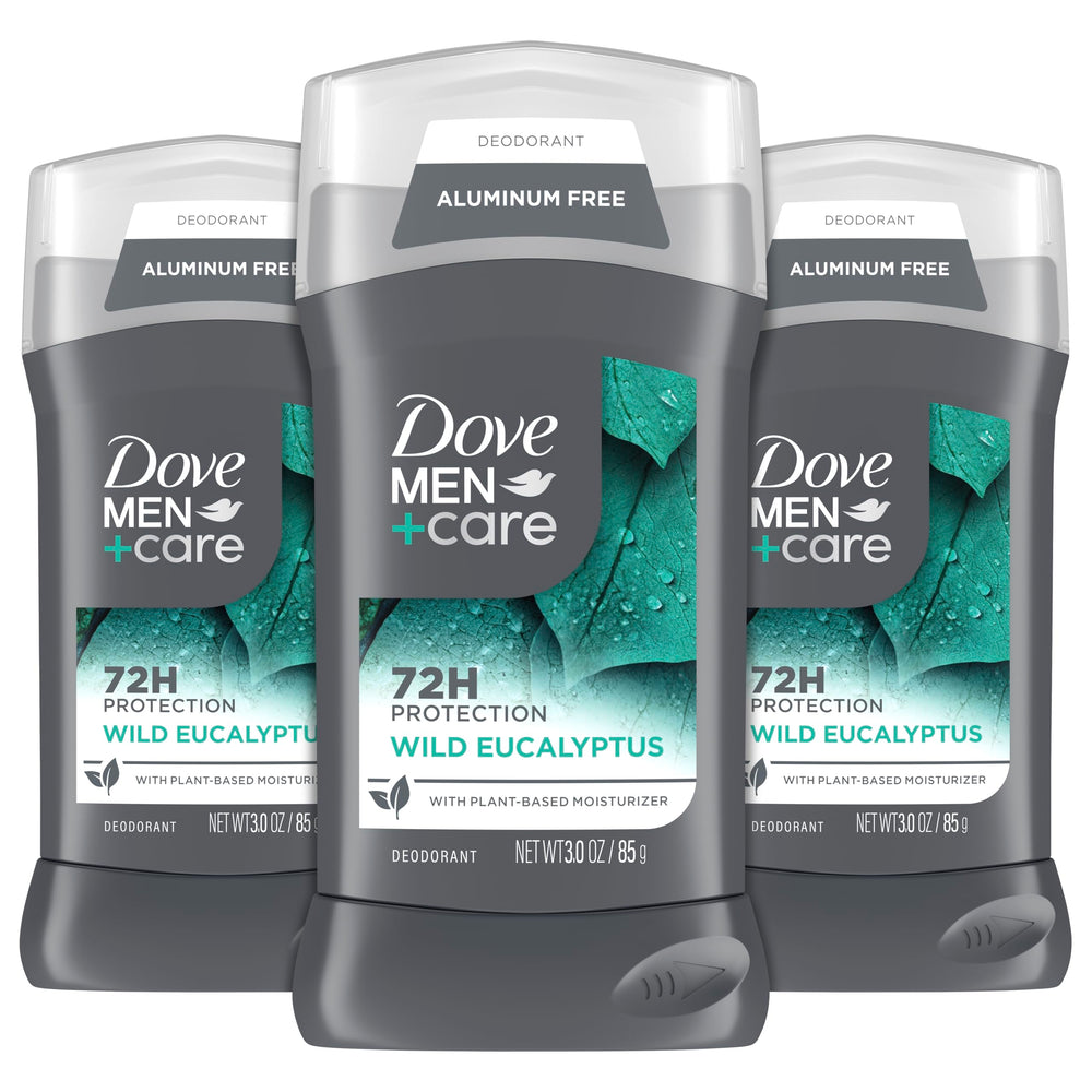 DOVE MEN + CARE Wild Eucalyptus packaging highlights aluminum-free formula for all-day freshness.