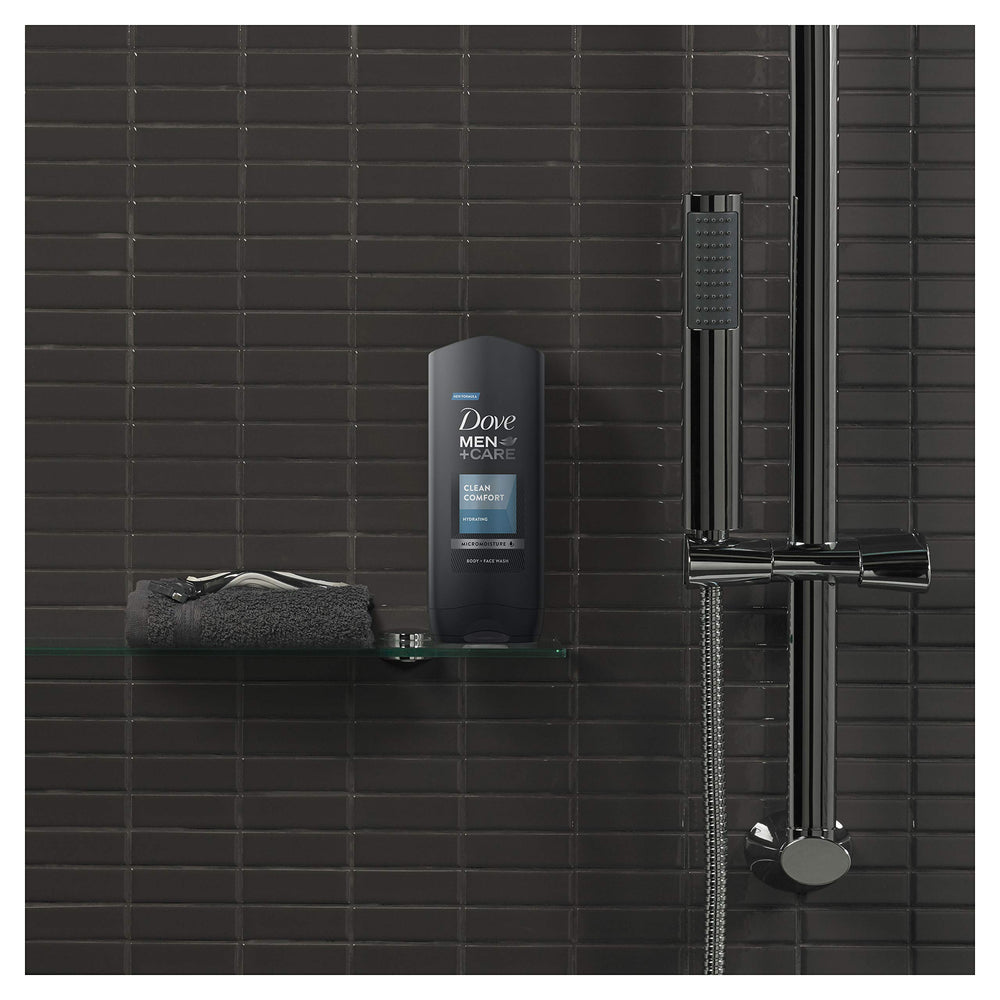 Dove Men Clean Comfort Shower Gel with Active Clean tool compatibility for best results.