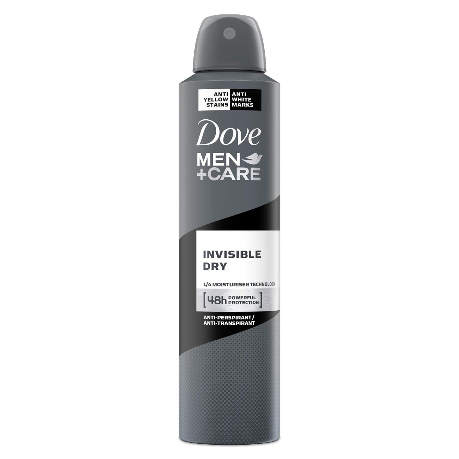 Dove Men Plus Care invisible dry aerosol bottle shown for long-lasting protection.