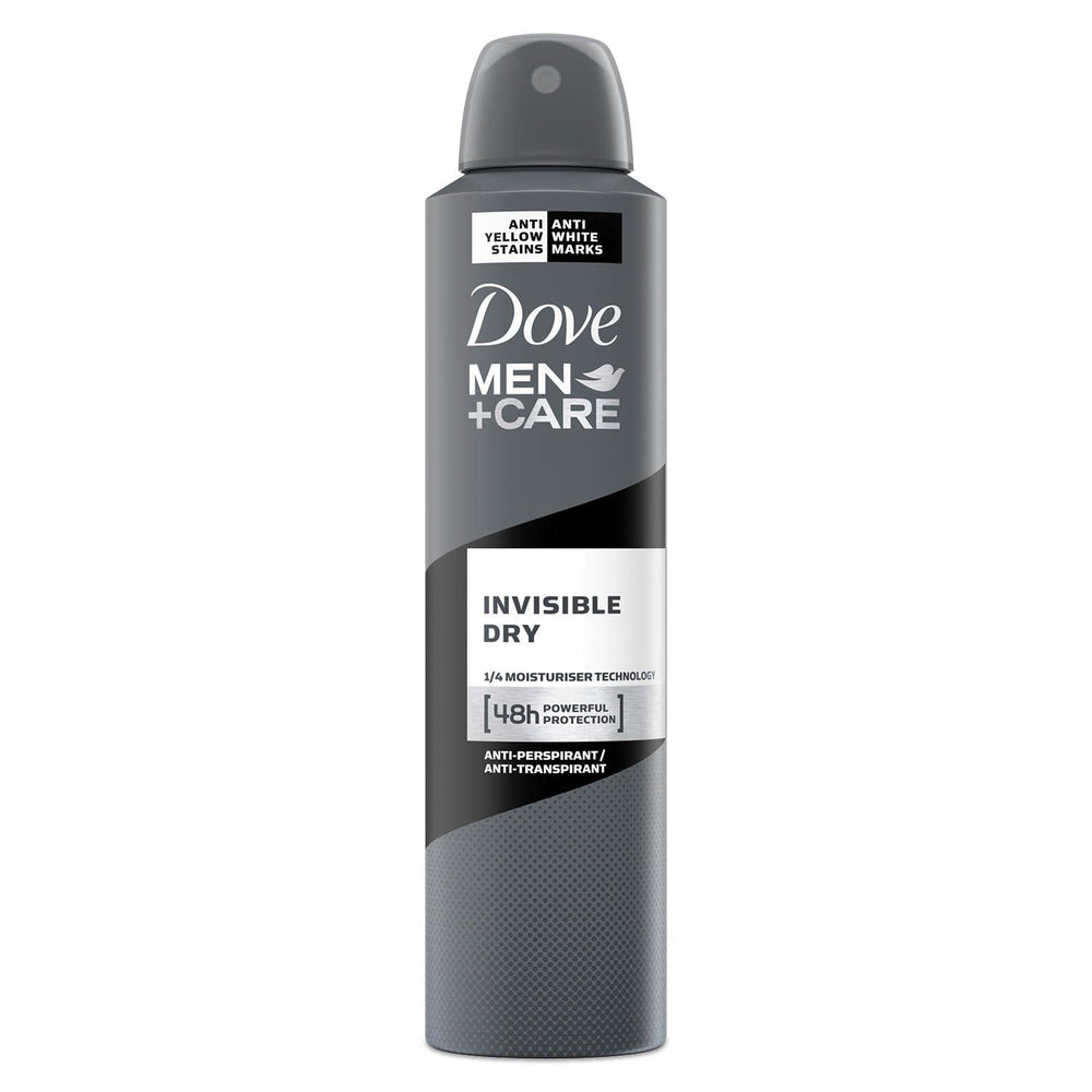 Dove Men Plus Care invisible dry aerosol bottle shown for long-lasting protection.