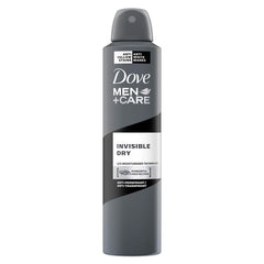 Dove Men Plus Care invisible dry aerosol bottle shown for long-lasting protection.