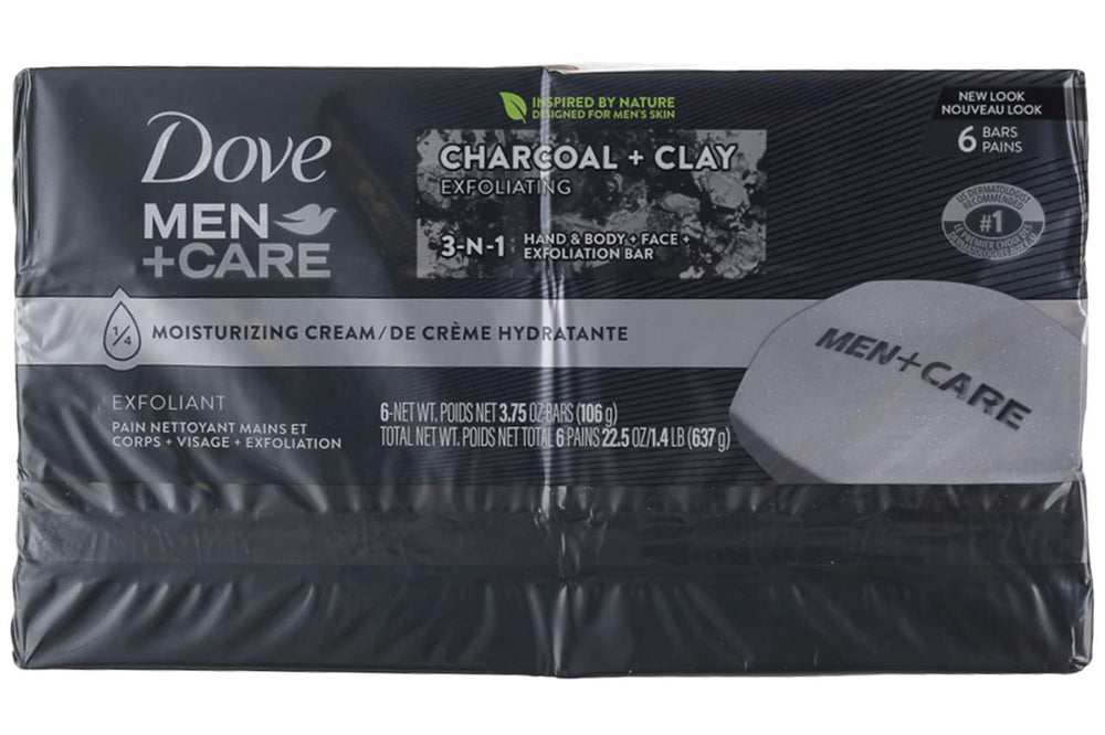 Dove Men+Care charcoal clay bar in bathroom setup for face and body cleansing