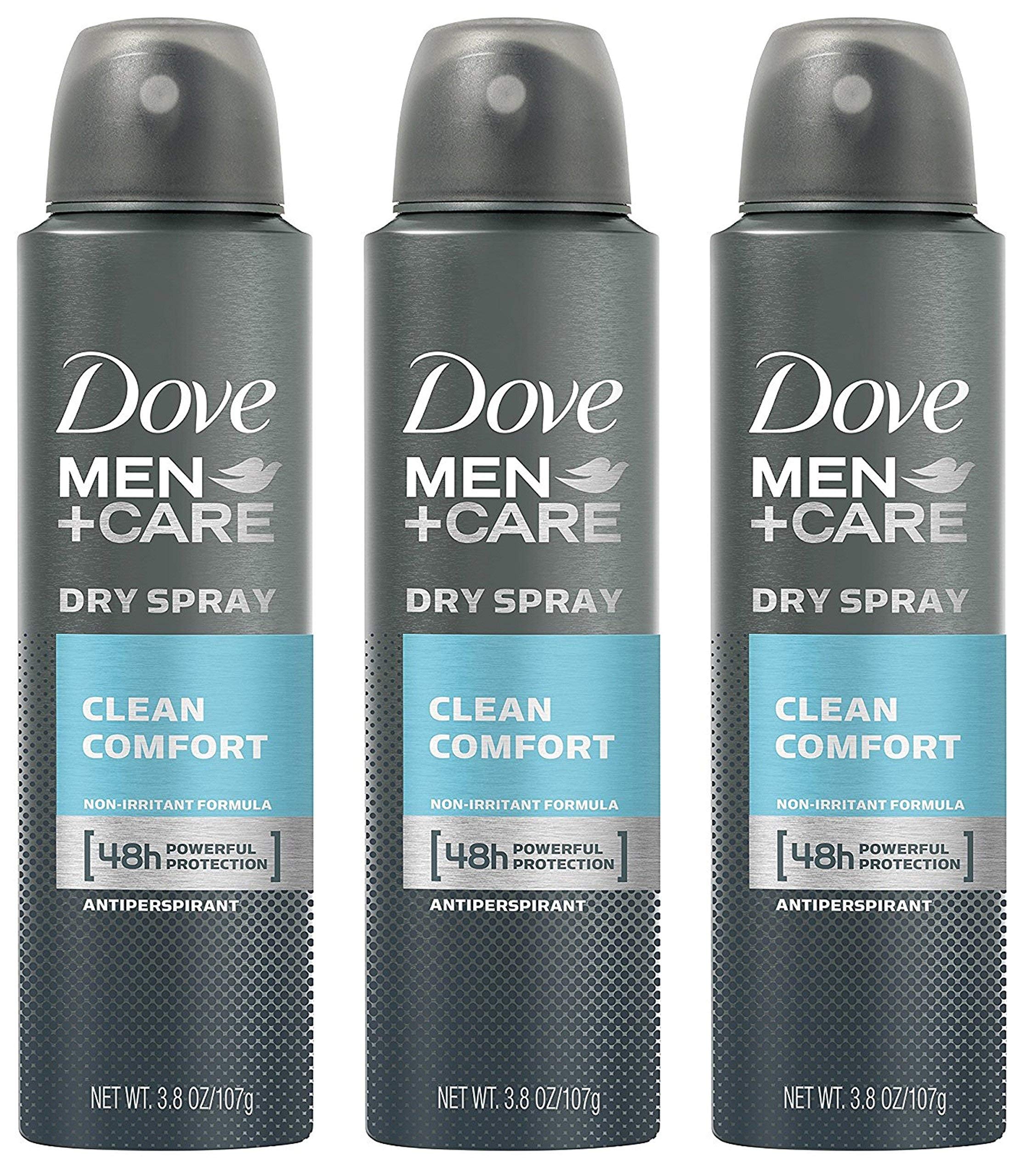 Dove Men+Care Dry Spray bottle delivering long-day freshness with instant dry application.