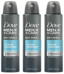 Dove Men+Care Dry Spray bottle delivering long-day freshness with instant dry application.