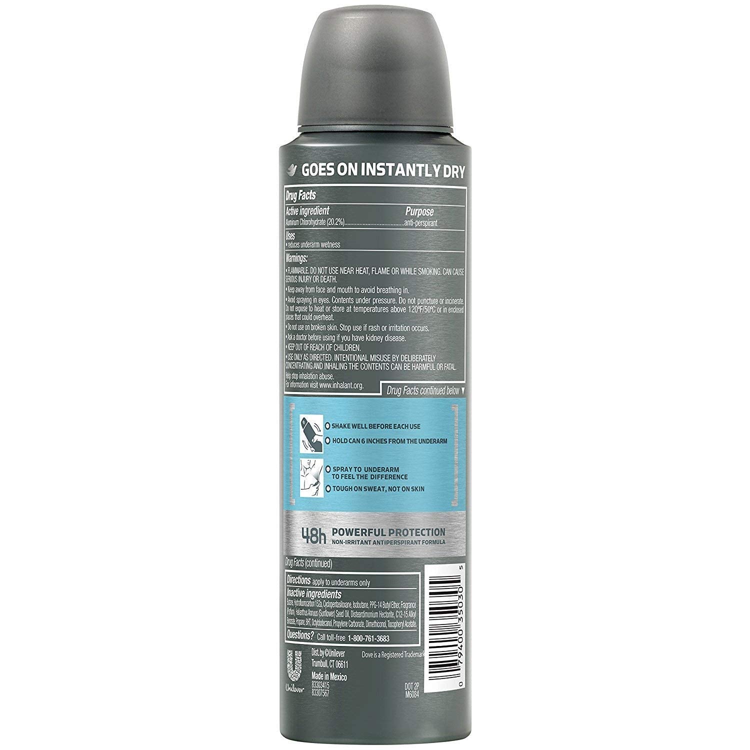 Dove Men+Care label highlights 100% alcohol-free formula for gentler skin.