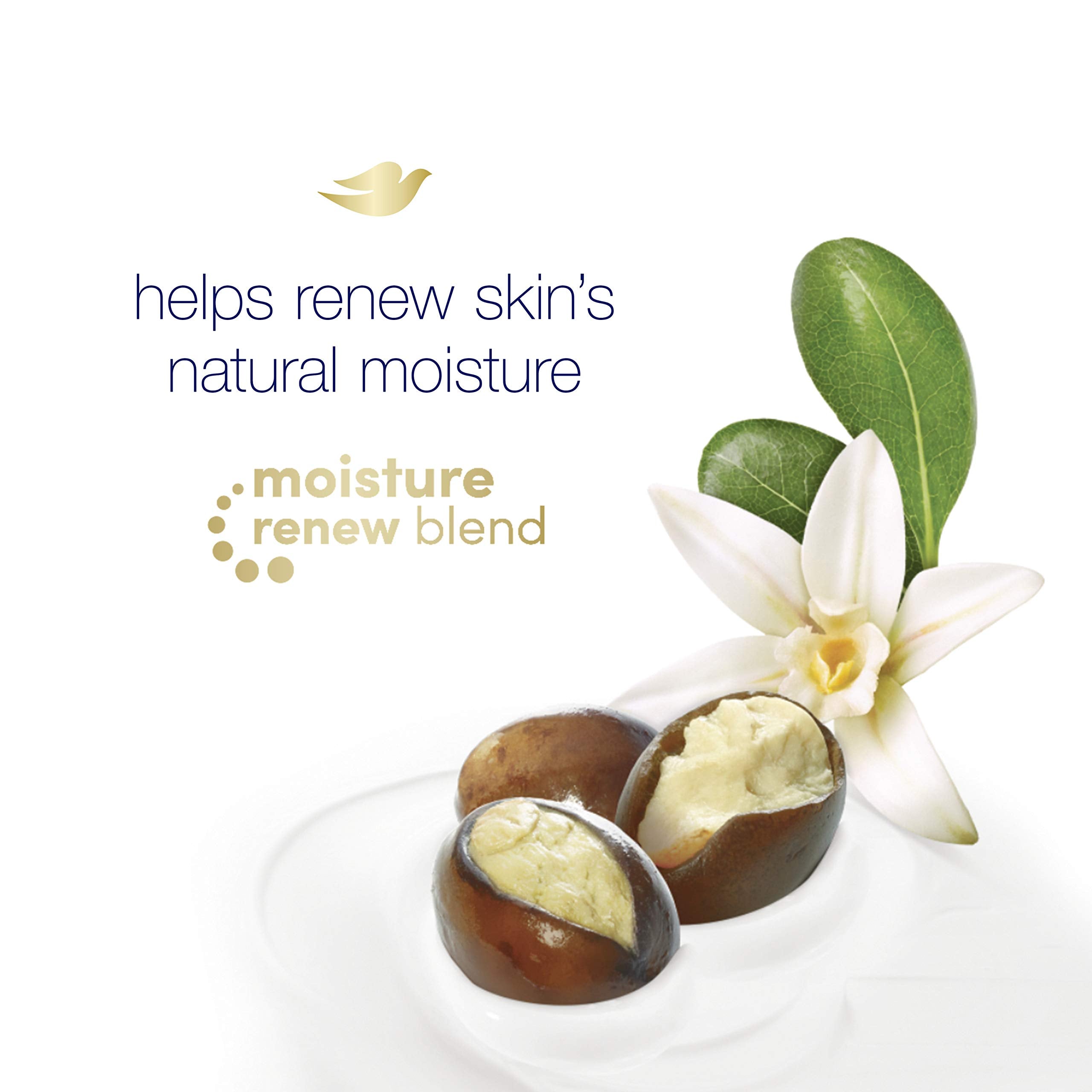 Dove Moisture Renew Blend illustration highlights skin-nourishing plant-based moisturizers.