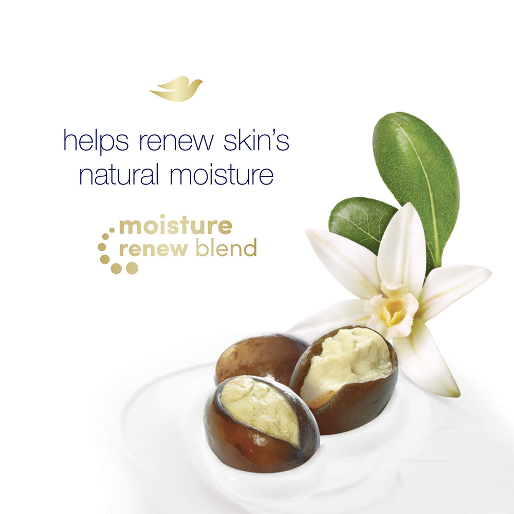 Dove Moisture Renew Blend illustration highlights skin-nourishing plant-based moisturizers.