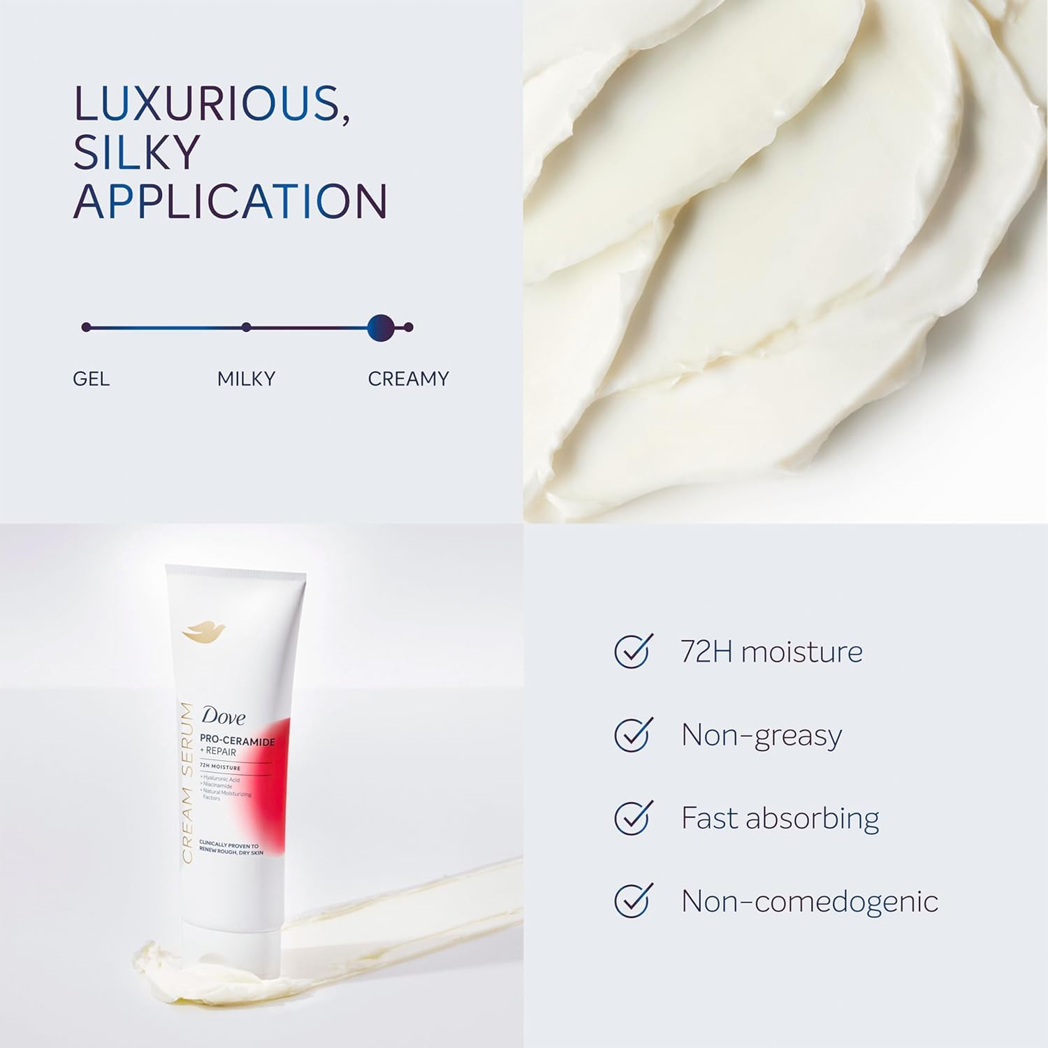 Dove NEA-accepted badge signals dermatologist-tested gentle hydration for sensitive skin.