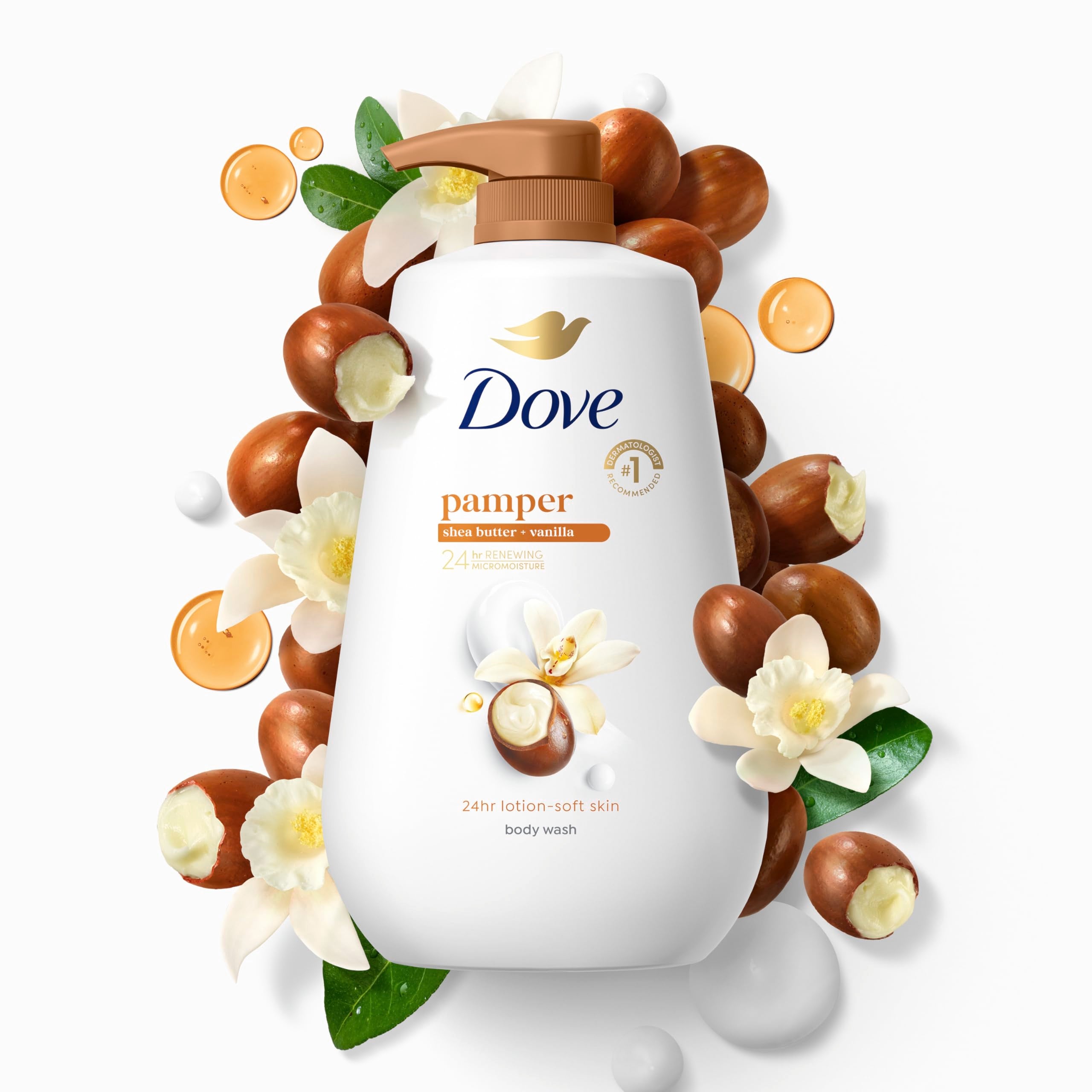 Dove pampering body wash vanilla fragrance bottle suggests comforting, spa-like ambiance.