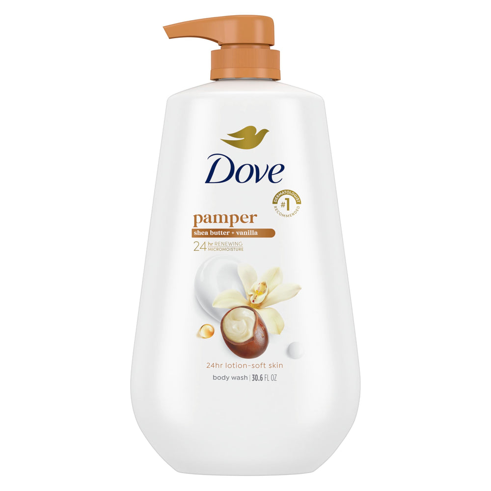 Dove pampering body wash bottle provides creamy hydration for daily softness.