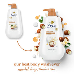 Dove pampering body wash pump demonstrates easy dispensing for quick pampering showers.