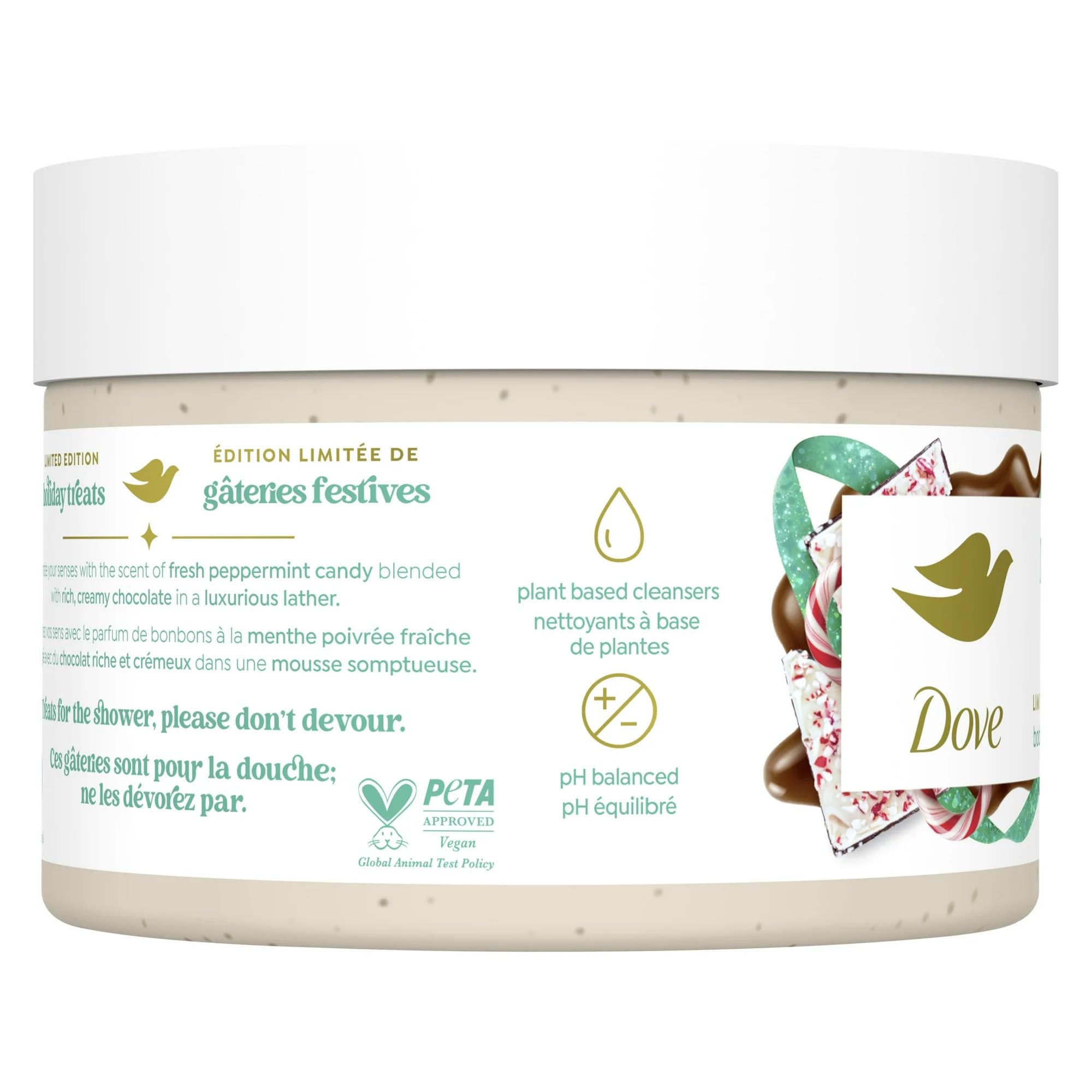 Dove Peppermint Bark scrub lather captures refreshing peppermint and chocolate aroma.