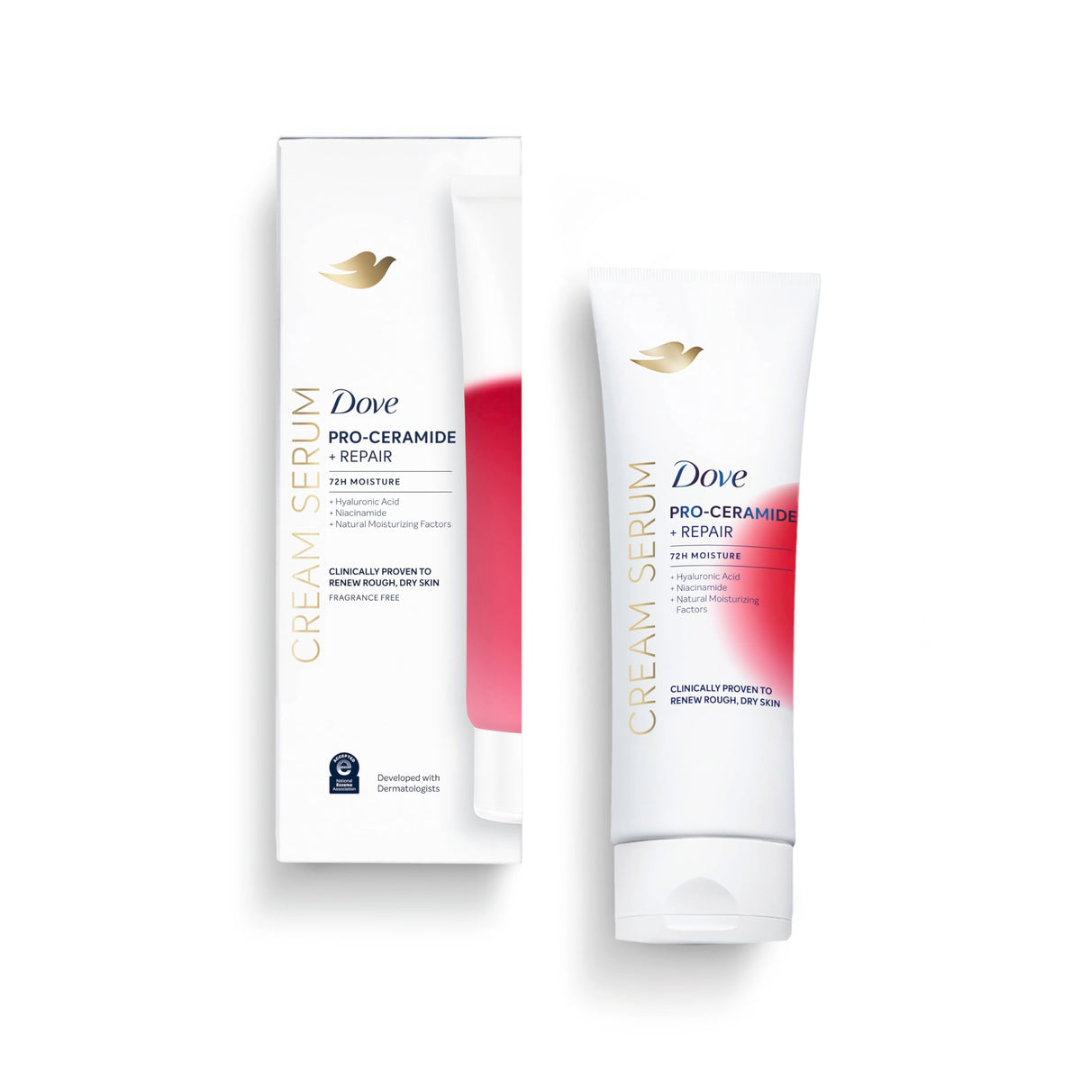 Dove Pro-Ceramide Repair bottle closeup showing premium serum for deep hydration.