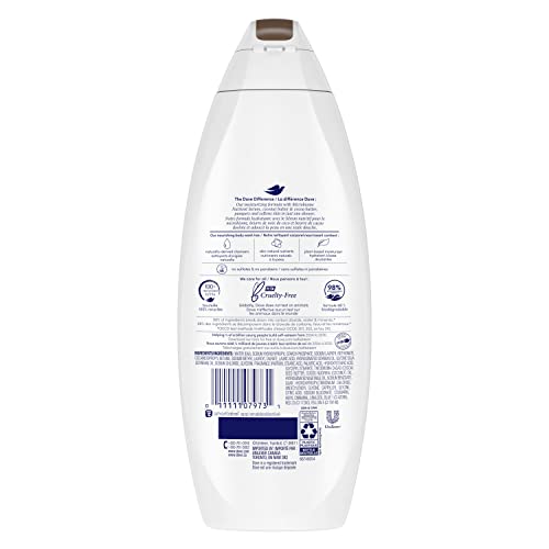Dove Purely Pampering body wash lather featuring cocoa butter for softness.
