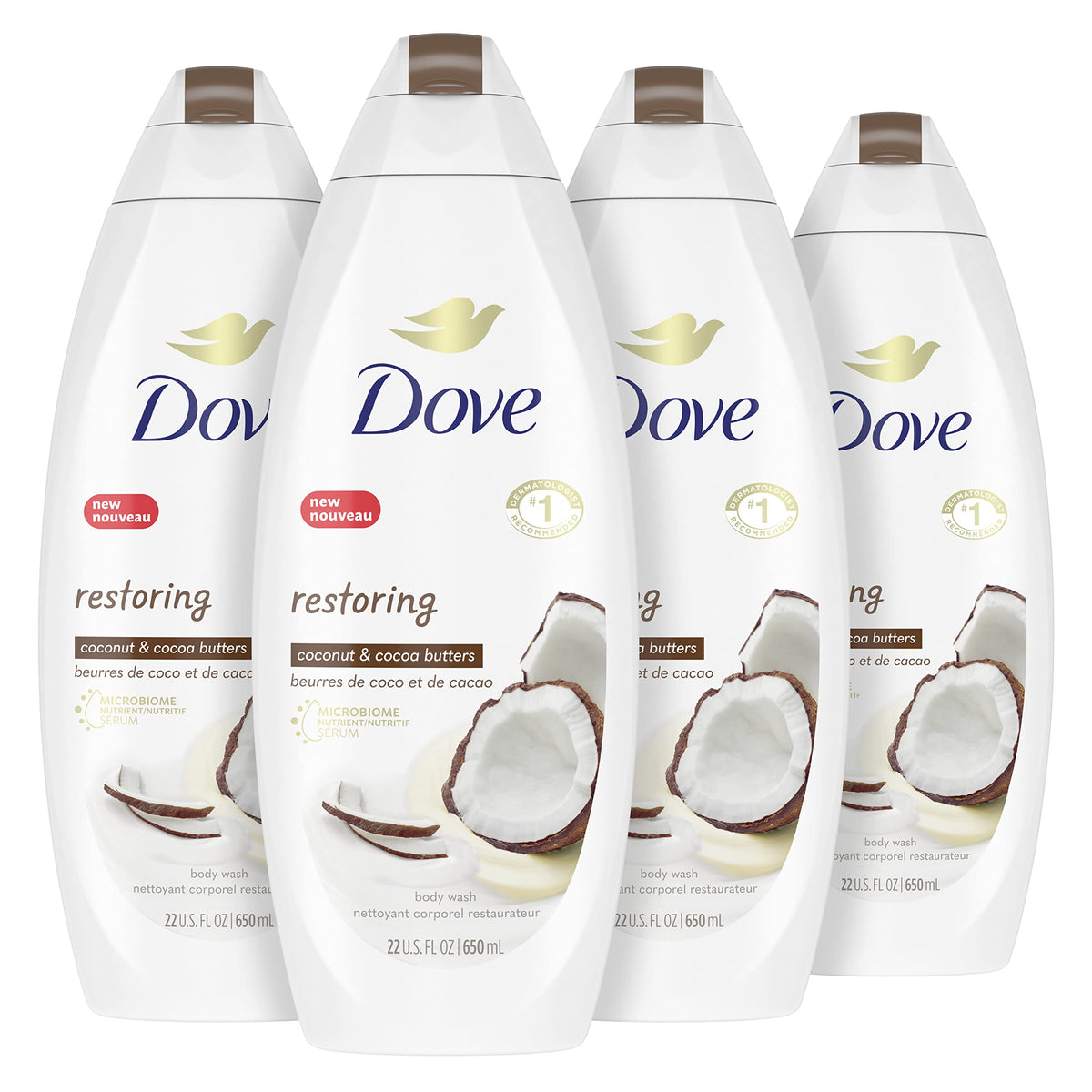 Dove Purely Pampering body wash bottle with coconut butter for skin nourishment.