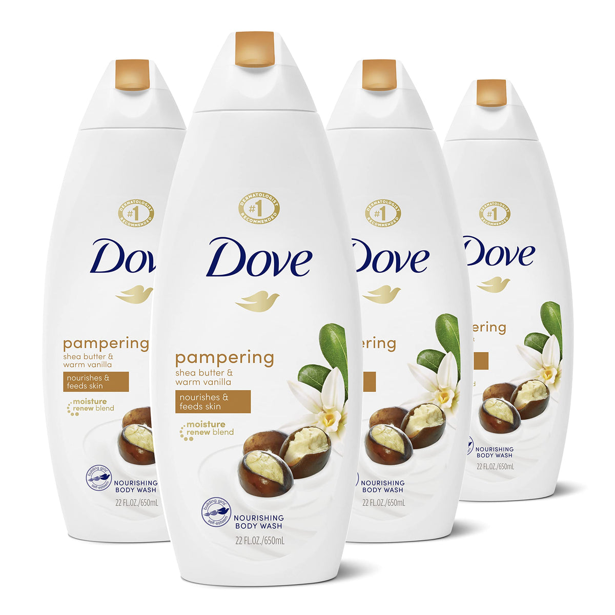 Dove Purely Pampering Body Wash bottle shows Shea Butter and Warm Vanilla for nourishing cleanse.