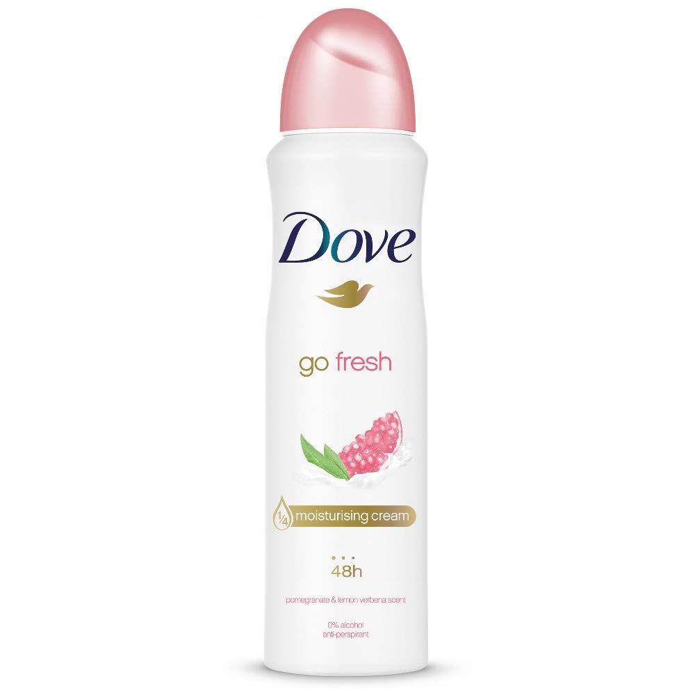 Dove Red Body Spray Pomegranate label detail highlighting moisturizing Go Fresh ingredients