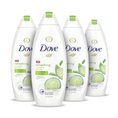 Dove Refreshing Body Wash bottle being poured for a smooth cleanse.