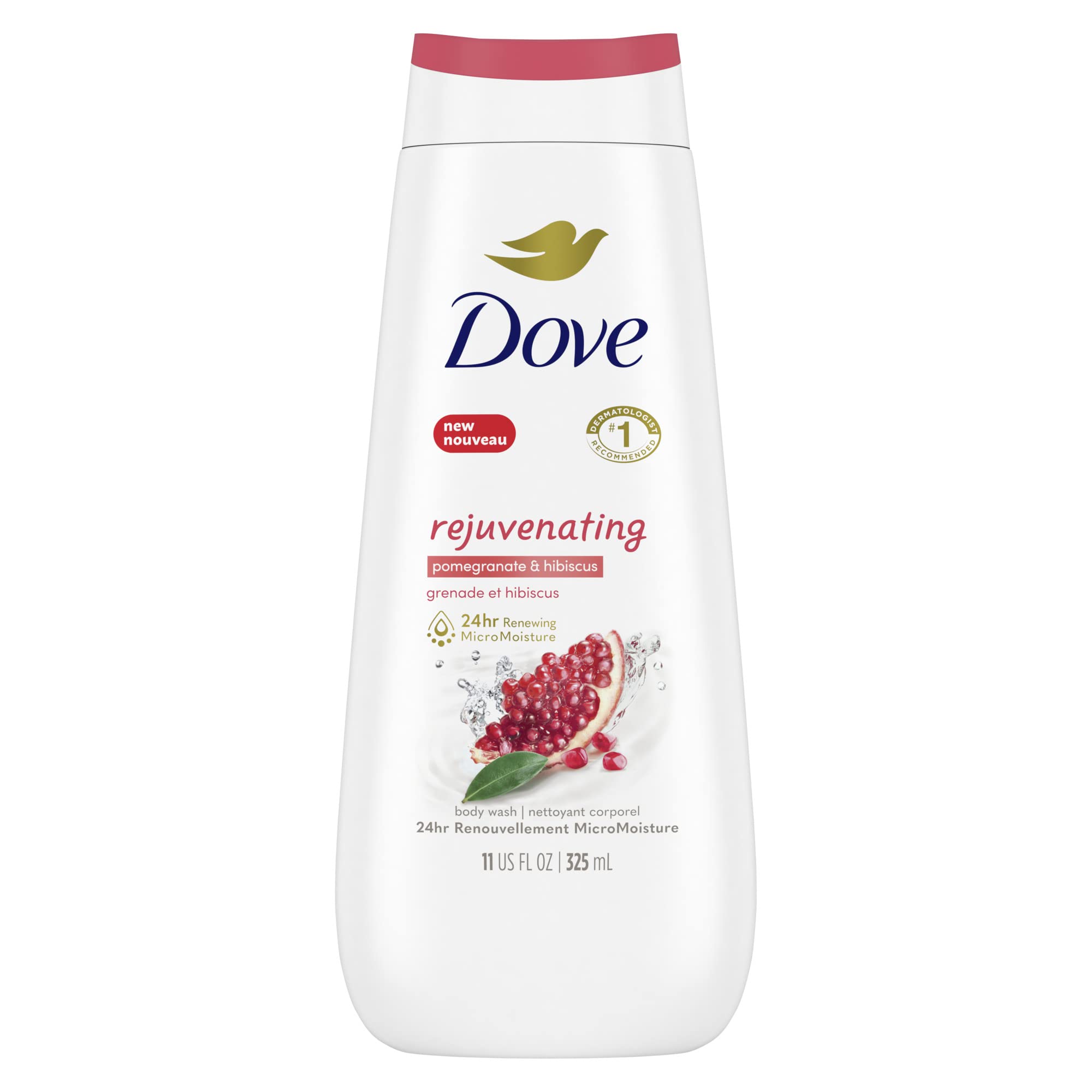 Dove Rejuvenating Body Wash bottle front promises 24-hour hydration.