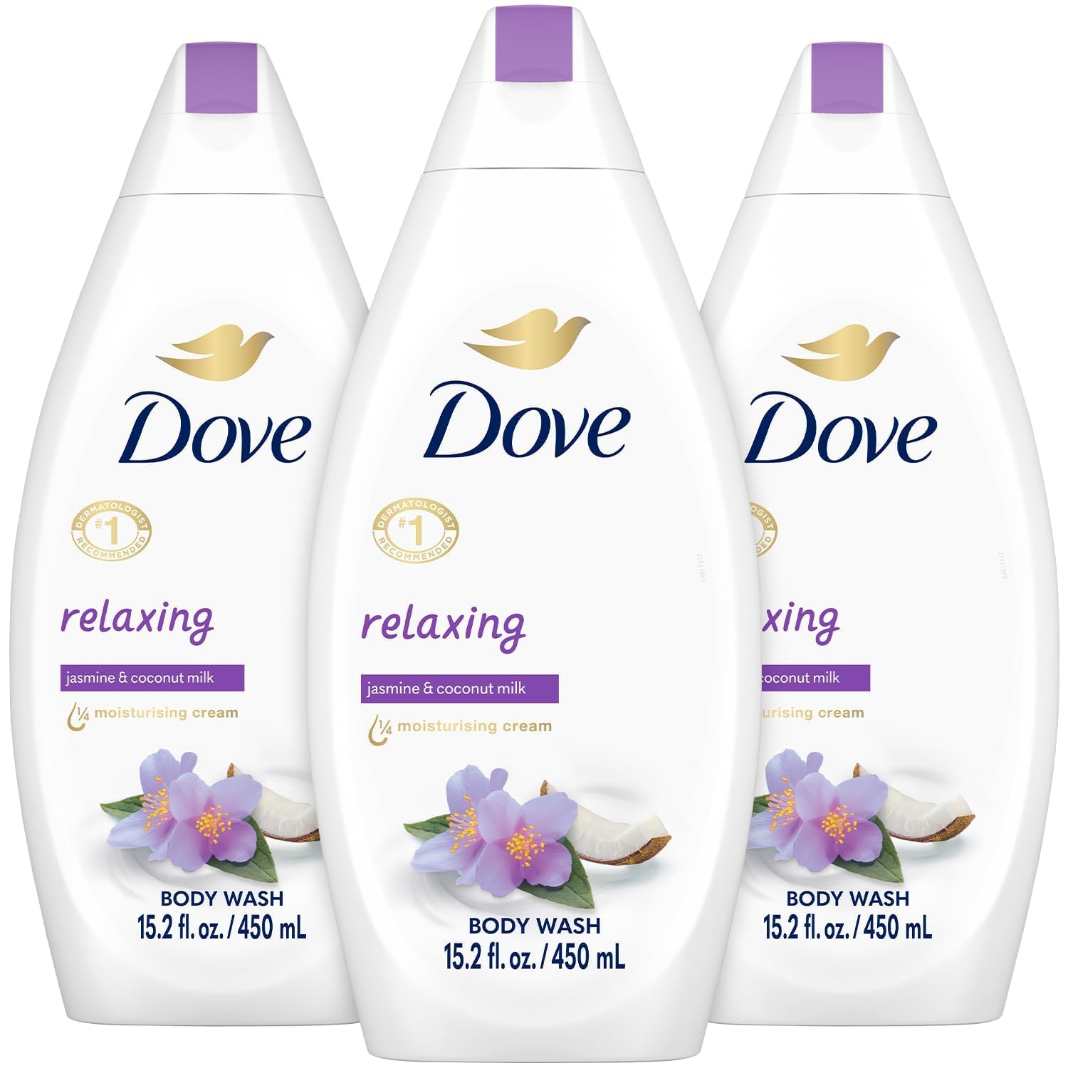 Dove Relaxing Jasmine Coconut Milk bottle front shows hydration-ready formula.
