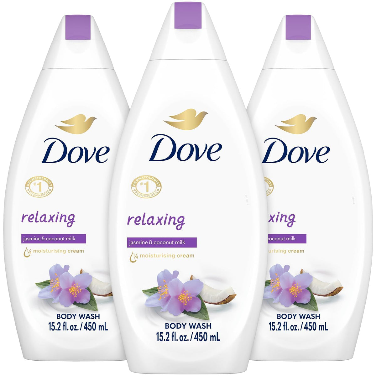 Dove Relaxing Jasmine Coconut Milk bottle front shows hydration-ready formula.