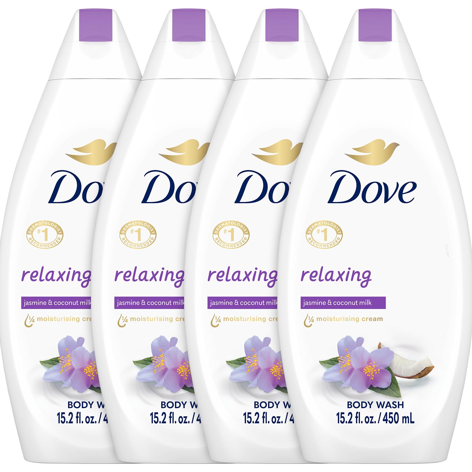 Dove Relaxing Jasmine & Coconut Milk bottle on shelf for calming shower.