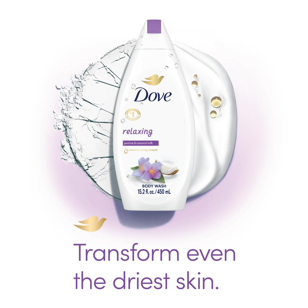 Dove Jasmine petals and coconut imagery evoke spa-like sensory moment.