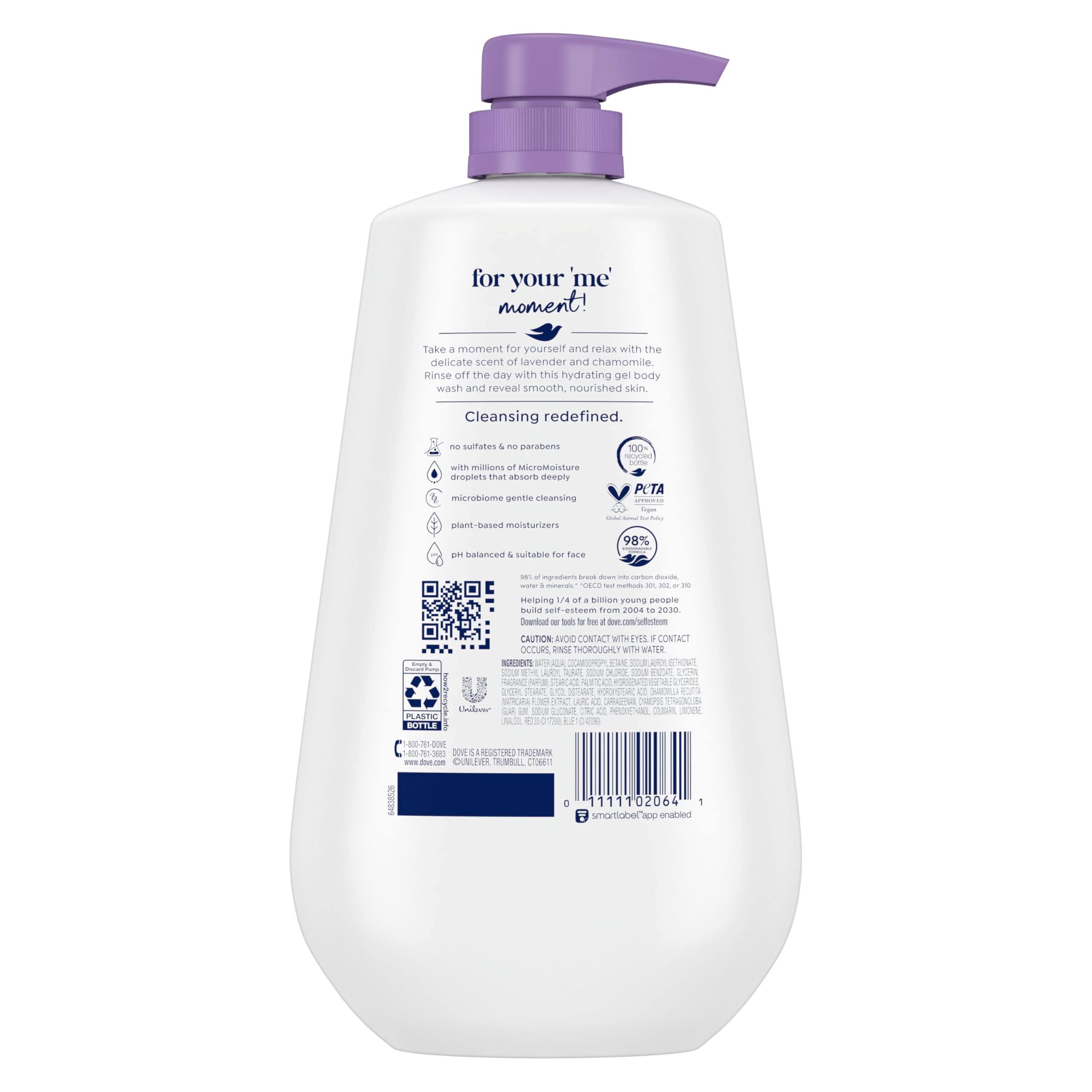 Dove Relaxing Lavender Body Wash bottle with lavender sprigs conveying calming scent.