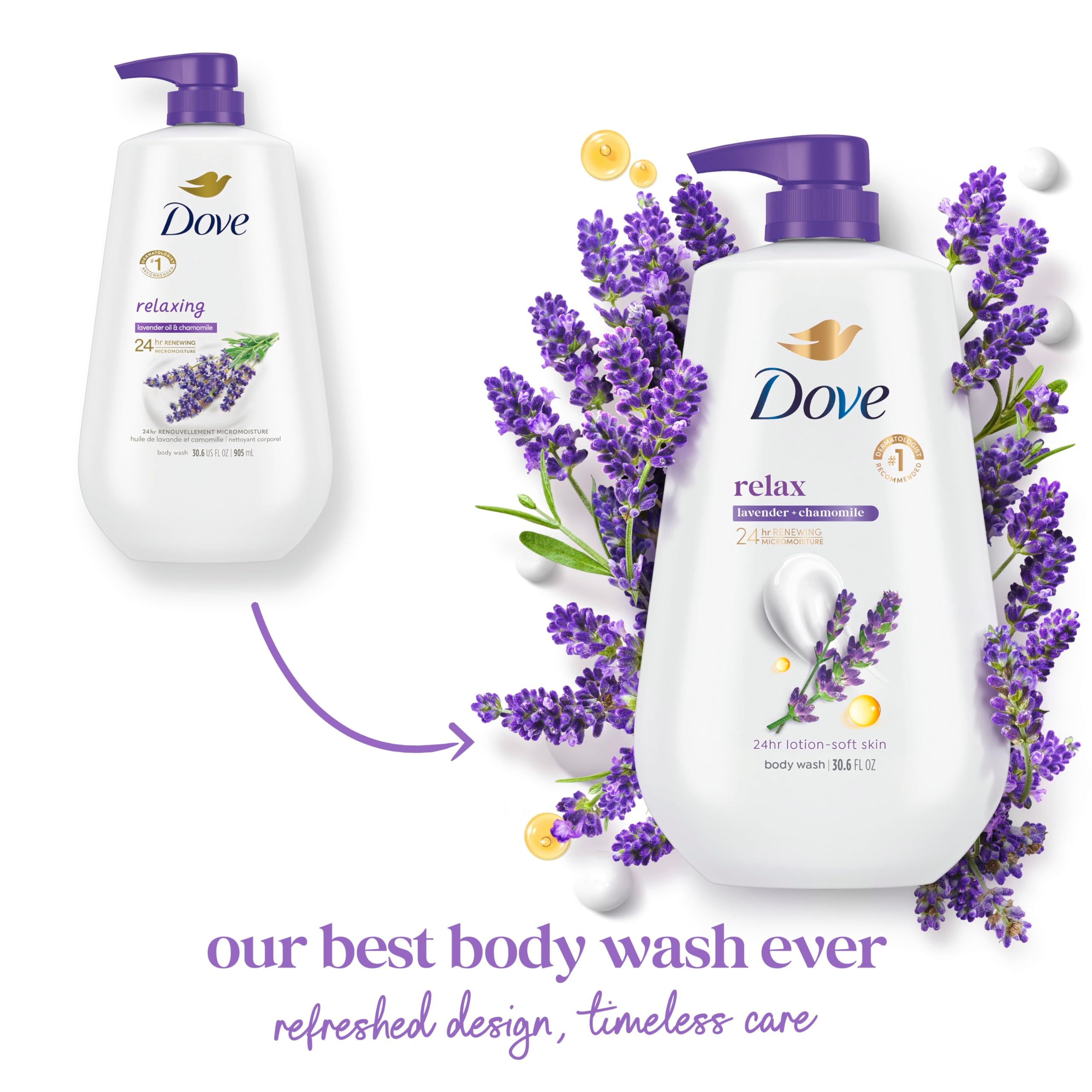 Dove Relaxing Lavender Body Wash lather close-up showing creamy foam.