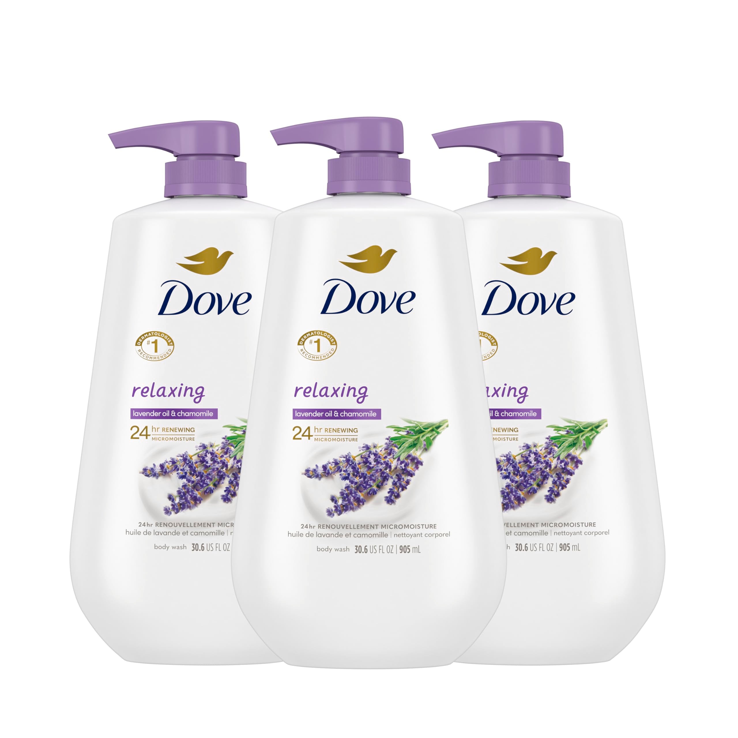 Dove Relaxing Lavender Body Wash pump bottle on shelf for easy cleansing.