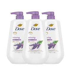 Dove Relaxing Lavender Body Wash pump bottle on shelf for easy cleansing.