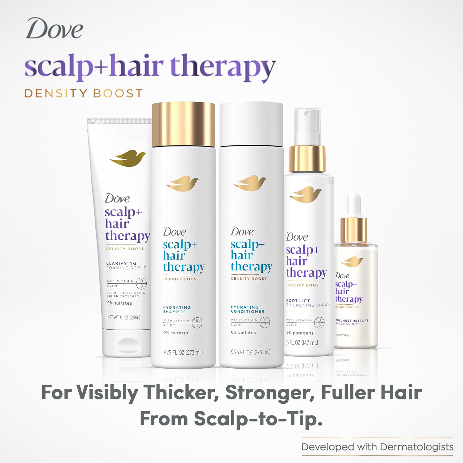 Dove root lift thickening spray applied to damp hair for volume