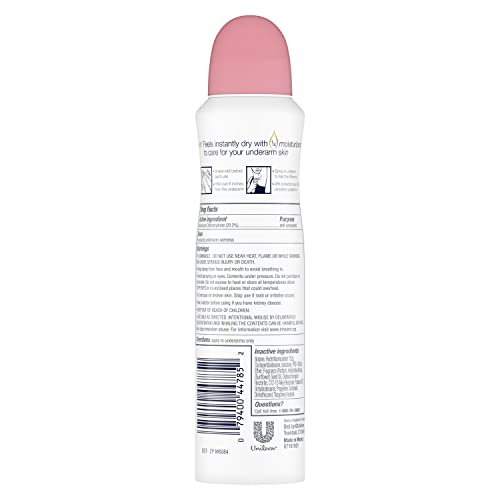 Dove Rose Petals dry spray bottle emphasizes instant dryness and fresh fragrance.
