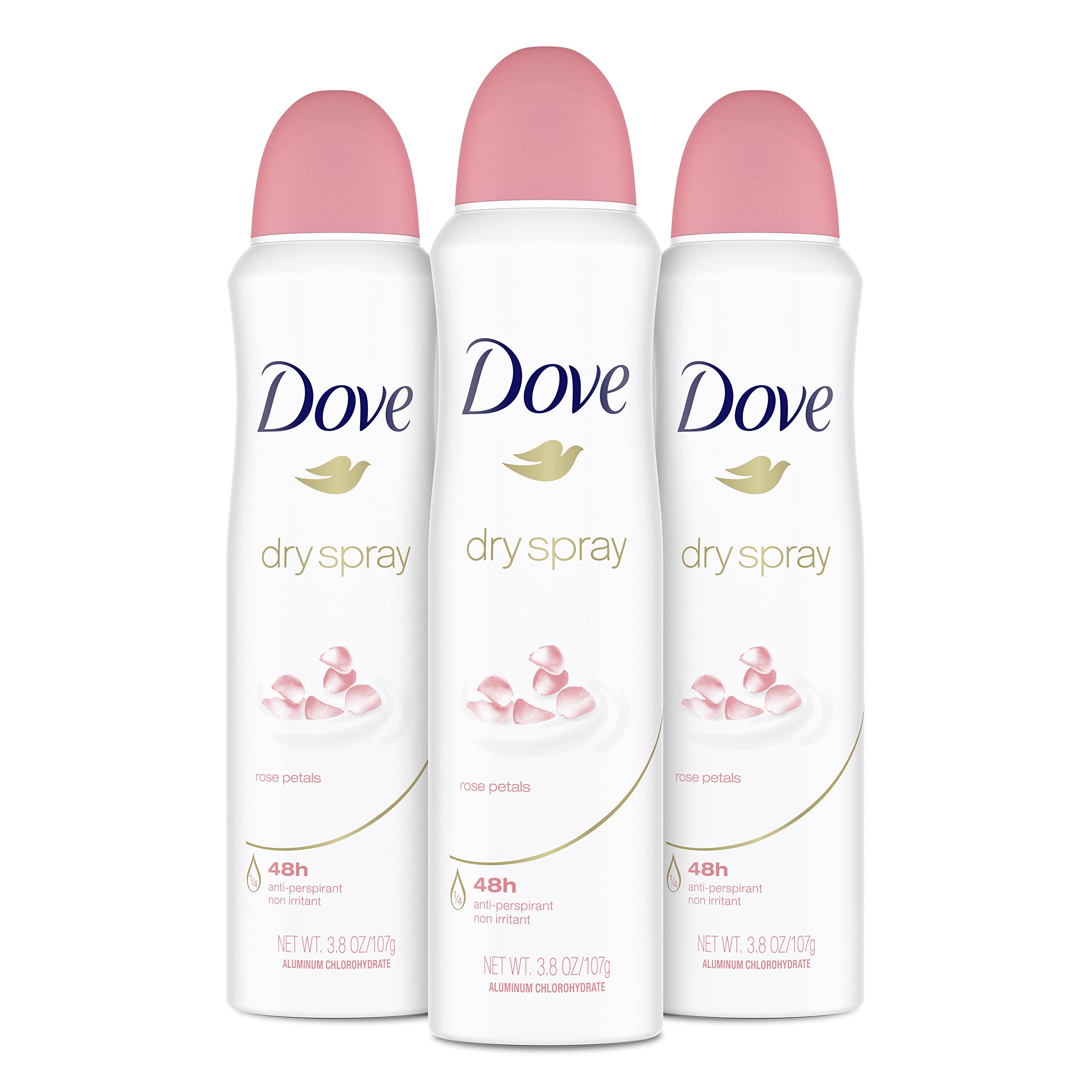 Dove Rose Petals dry spray packaging shows a convenient three-pack for on-the-go protection.