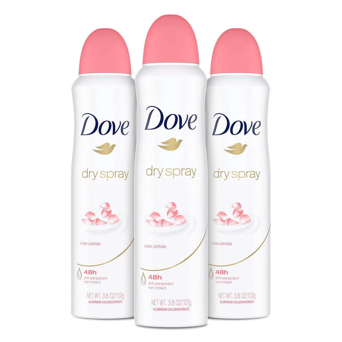 Dove Rose Petals dry spray packaging shows a convenient three-pack for on-the-go protection.