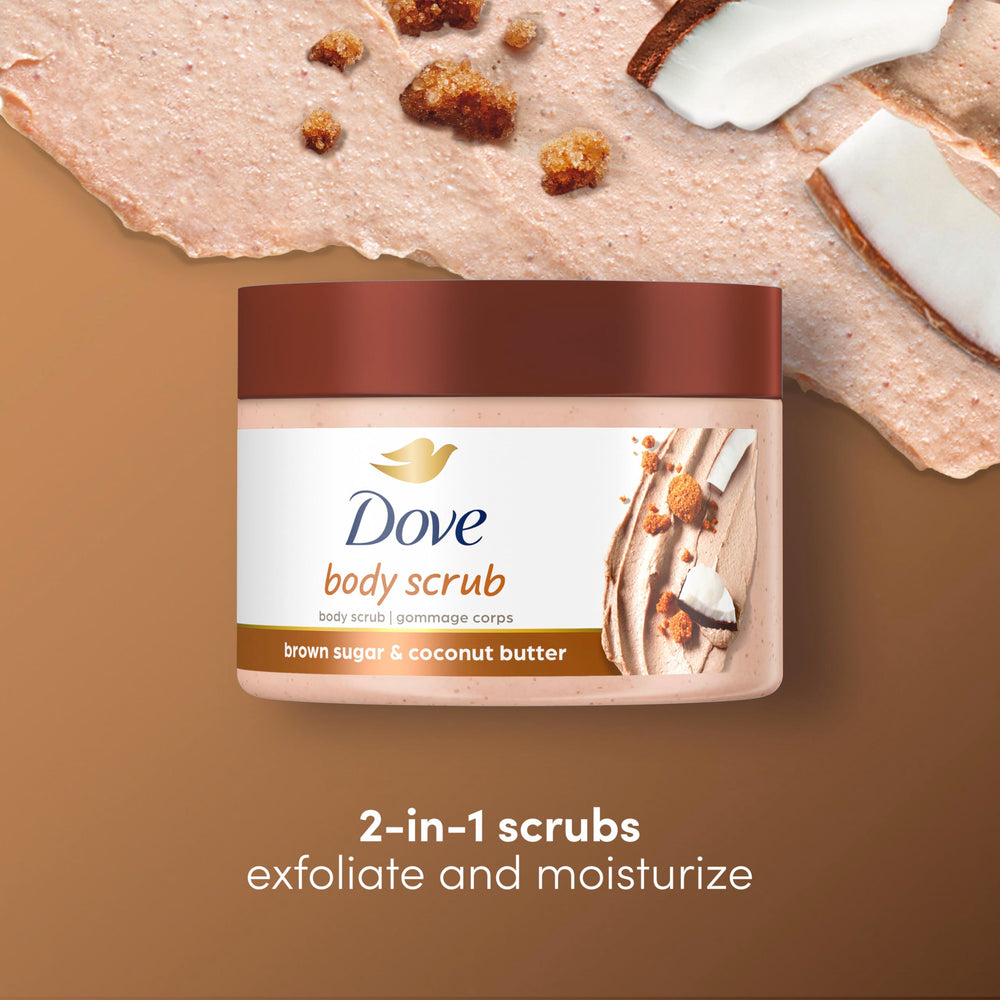 Dove Scrub Brown Sugar and Coconut Butter coconut note close-up signals tropical fragrance.
