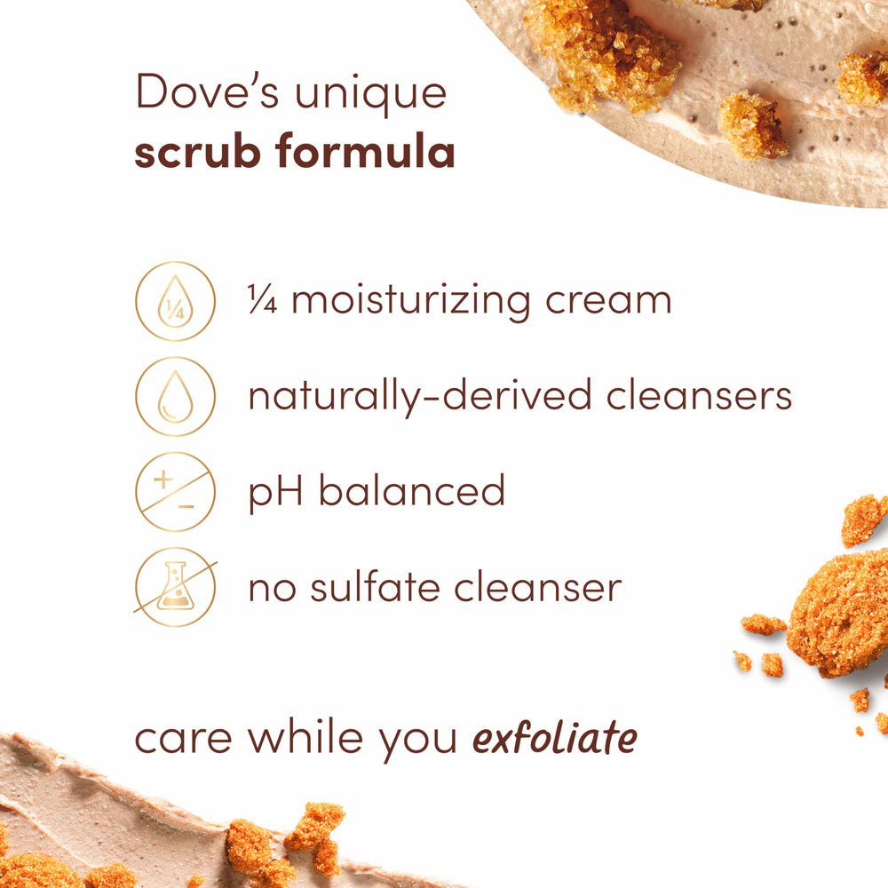 Dove Scrub packaging highlights cruelty-free commitment and nourishing exfoliant.