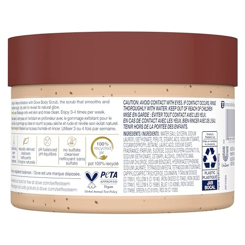 Dove Scrub Brown Sugar and Coconut Butter texture shows creamy exfoliation for gentle scrubbing.