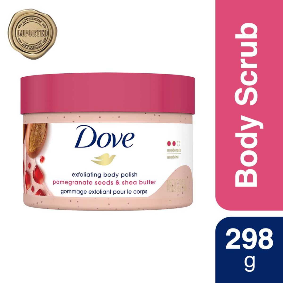 Dove Scrub Pomegranate & Shea Butter creamy foam on wet skin demonstrates gentle cleansing.