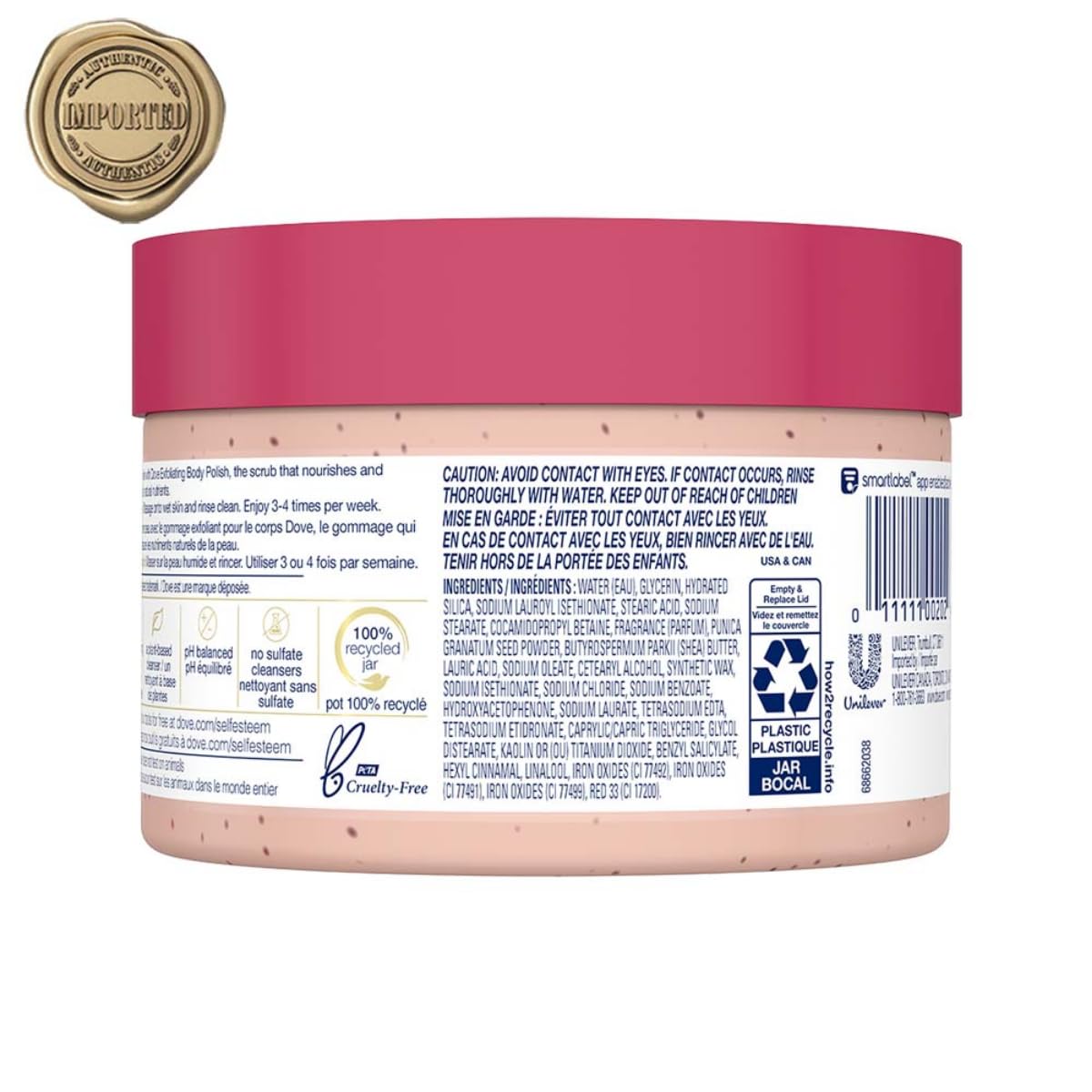 Dove Scrub Pomegranate & Shea Butter close-up reveals exfoliating texture for radiant skin prep.