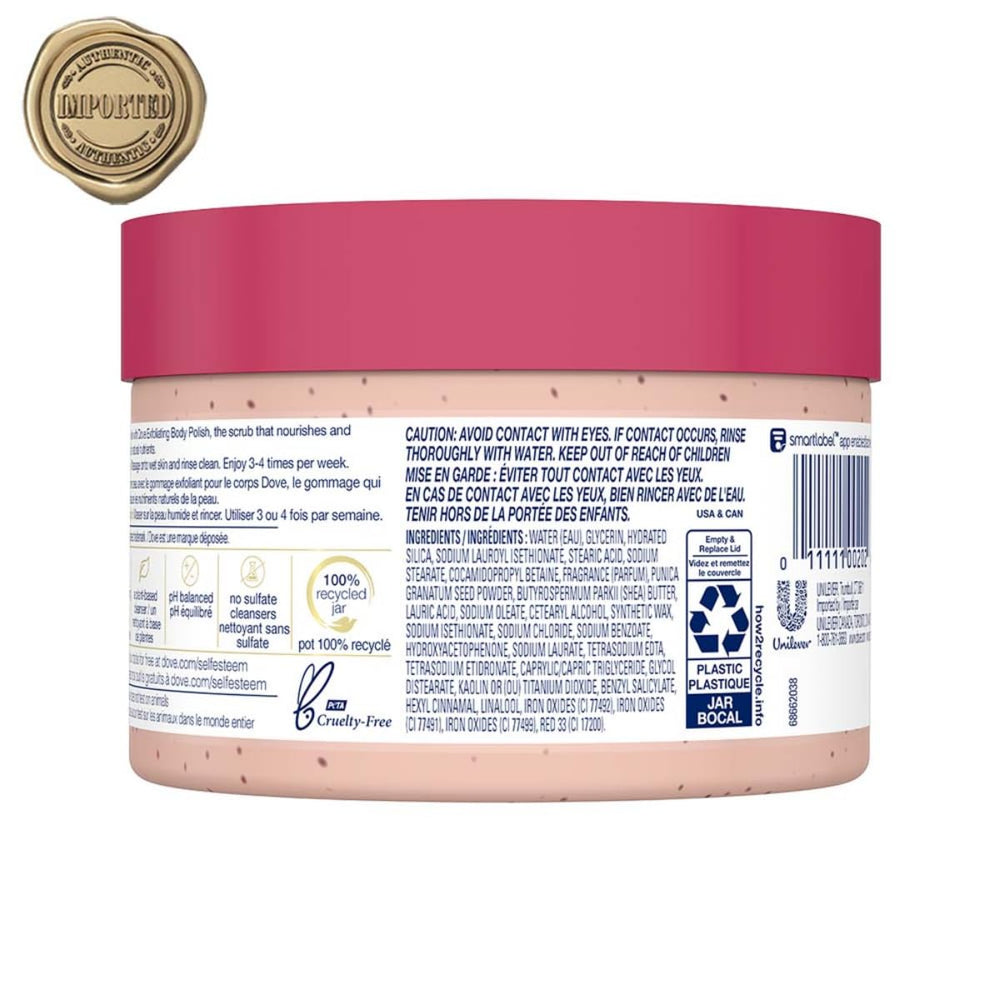 Dove Scrub Pomegranate & Shea Butter close-up reveals exfoliating texture for radiant skin prep.